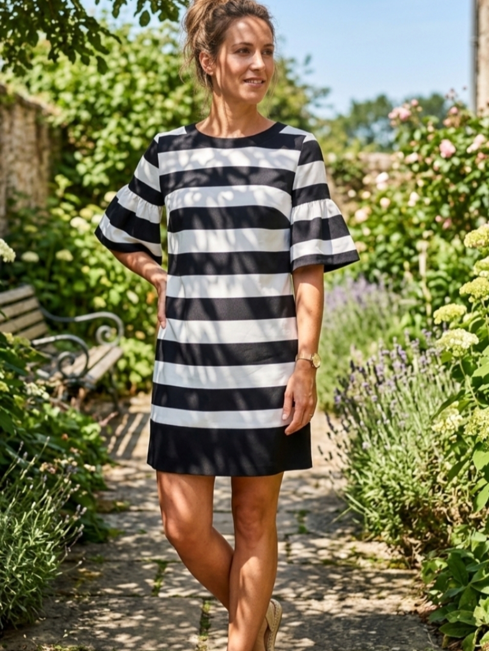 Katherine Barclay Black & White Striped Dress with Short Flounce Sleeves Size S